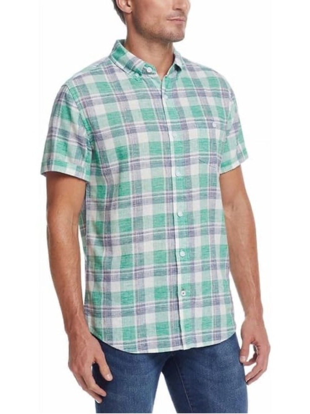 Weatherproof Linen Blend Green and White Plaid Short-Sleeve Button-Down Shirt XL